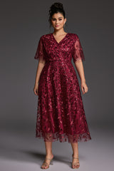Curveins Plus Size V-Neck Ruffle Sleeve Embroidered Maxi Dress