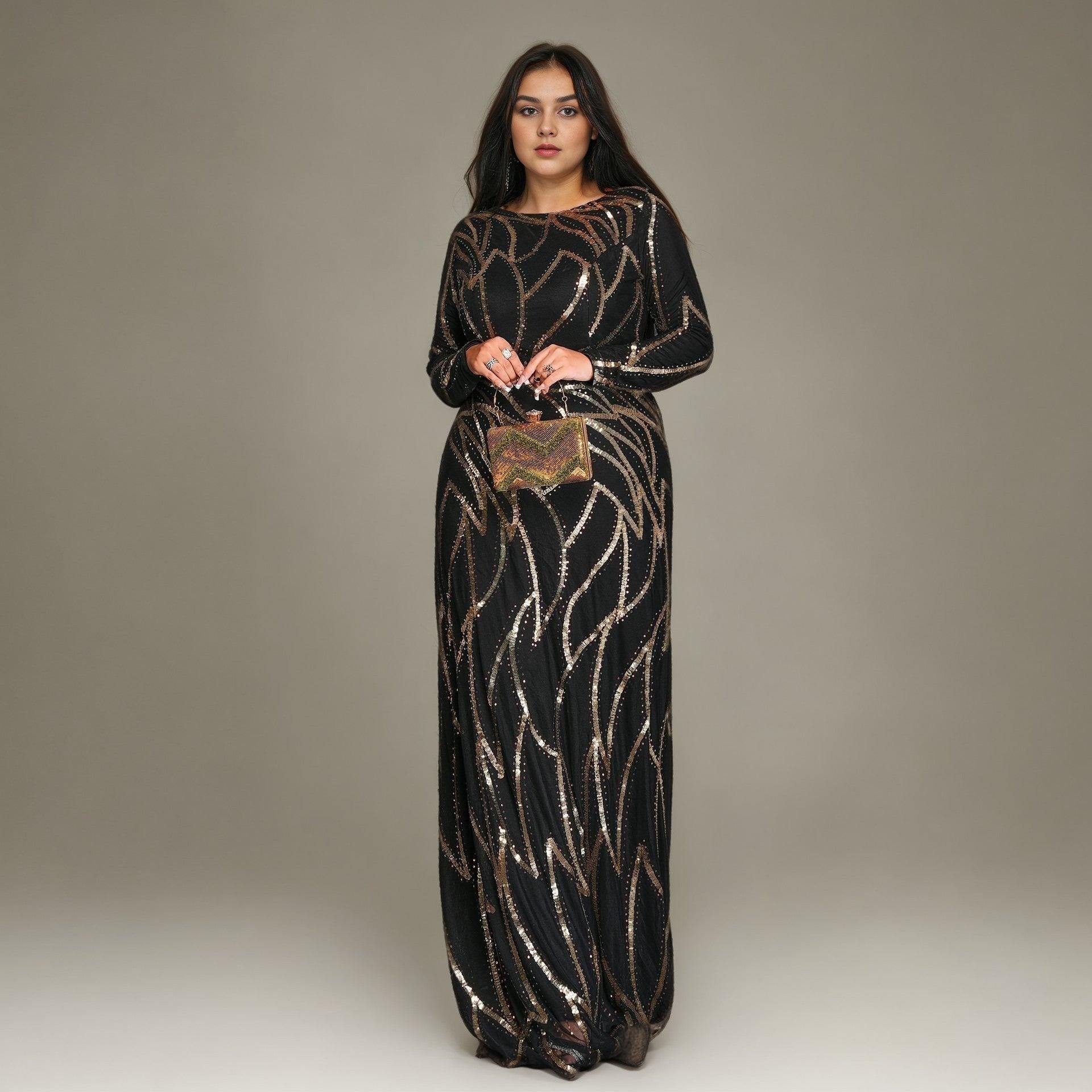 Curveins Plus Size Round Neck Long Sleeve Sexy Sequin Maxi Party Dress