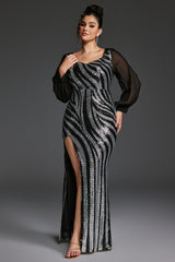 Curveins Plus Size V-Neck Sheer Sleeve Striped Sequin Bodycon Maxi Dress With Slit