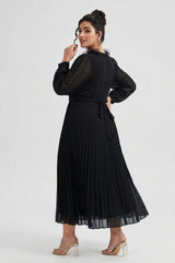 Curveins Plus Size Elegant Black V-Neck Pleated Maxi Dress with Crystal Belt