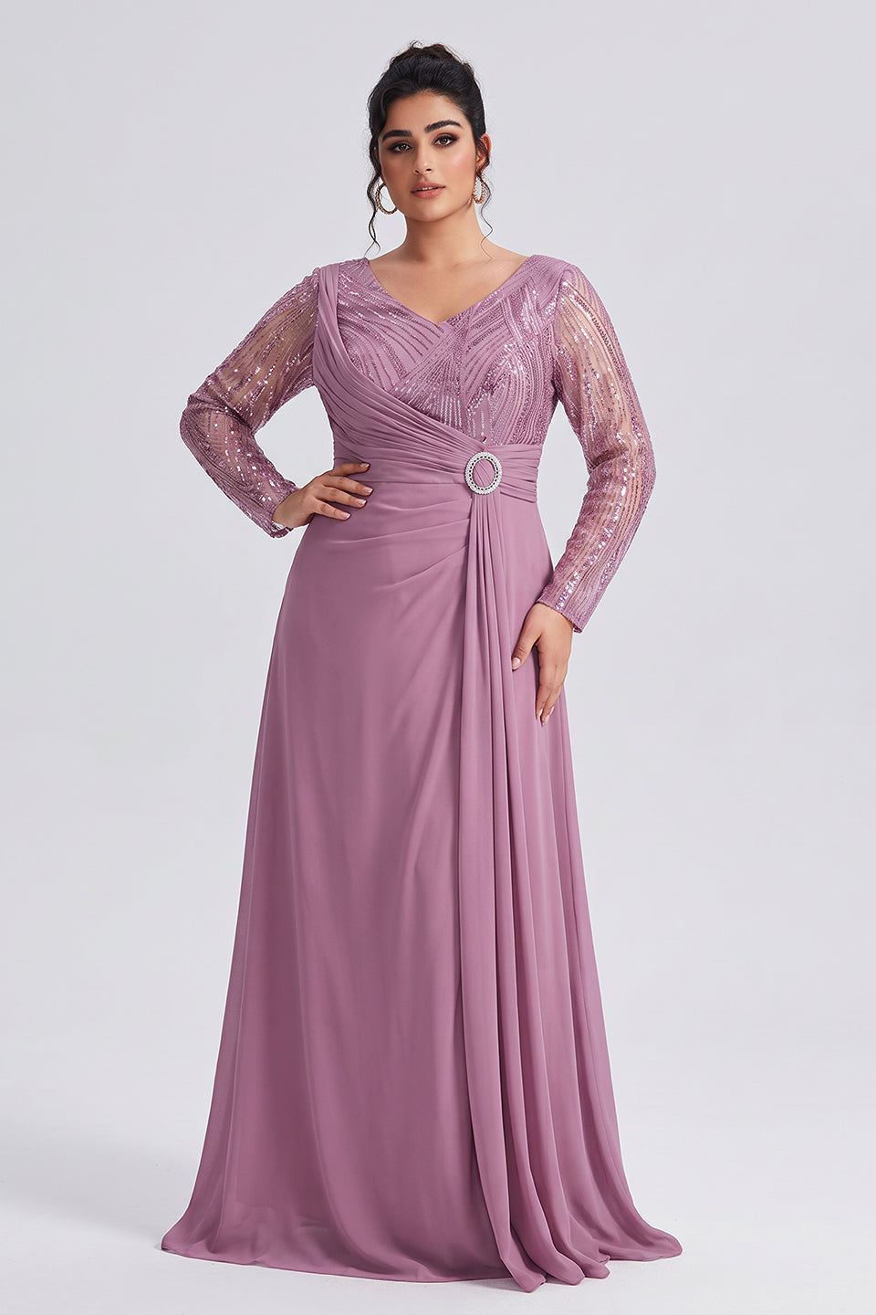 Curveins Plus Size V Neck Long Sleeve Sequin Cinched Waist Elegant Maxi Dress