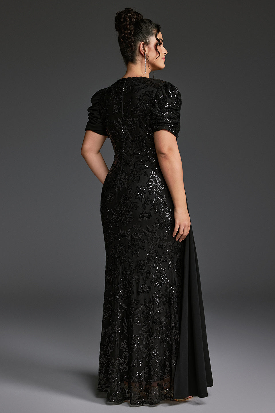 Curveins Plus Size V-Neck Sequin Patchwork Pattern Maxi Dress