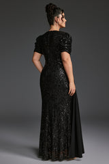 Curveins Plus Size V-Neck Sequin Patchwork Pattern Maxi Dress