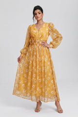 Curveins Plus Size V Neck Puff Sleeve Floral Print Ruched Waist Feminine Maxi Dress
