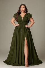 Curveins Plus Size V-Neck Ruffle Sleeve Split A-Line Maxi Dress