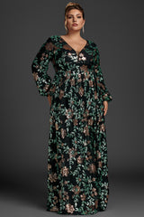 Curveins Plus Size V-Neck Sequin Lantern Sleeve Maxi Dress