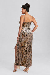 Curveins Plus Size Leopard Print Velvet Cami Slit Elegant Maxi Dress