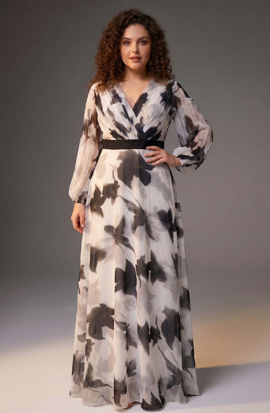 Curveins Plus Size V Neck Maple Leaf Print Long Sleeve Belted Maxi Dress