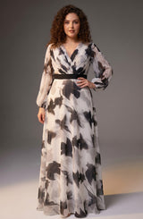 Curveins Plus Size V Neck Maple Leaf Print Long Sleeve Belted Maxi Dress