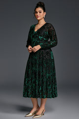 Curveins Plus Size V-Neck Flowy Bell Sleeves Pleated Velvet Maxi Dress