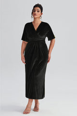 Curveins Plus Size Elegant Velvet V-Neck Shirred Maxi Dress in dark green, designed with a deep V-neck and a sophisticated shirred waist.