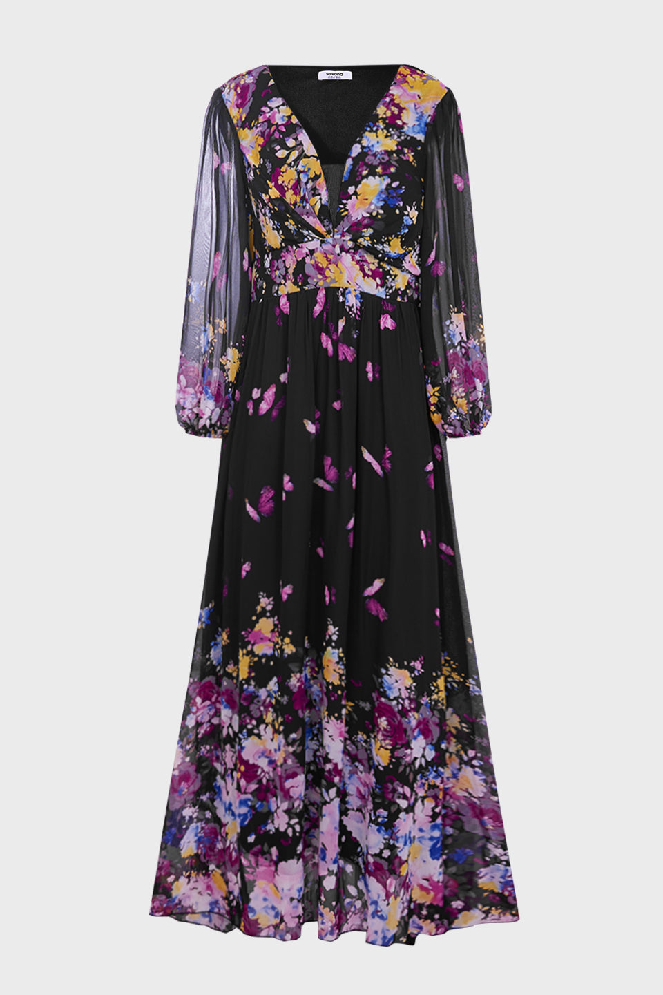Curveins Plus Size V Neck Floral Long Sleeve Flowy Elegant Casual Maxi Dress