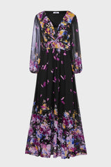 Curveins Plus Size V Neck Floral Long Sleeve Flowy Elegant Casual Maxi Dress