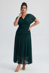 Curveins Plus Size V Neck Batwing Sleeve Cinched Waist Maxi Dress