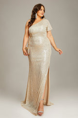 Curveins Plus Size Elegant One Shoulder Sparkle Detail Slit Party Formal Maxi Dress
