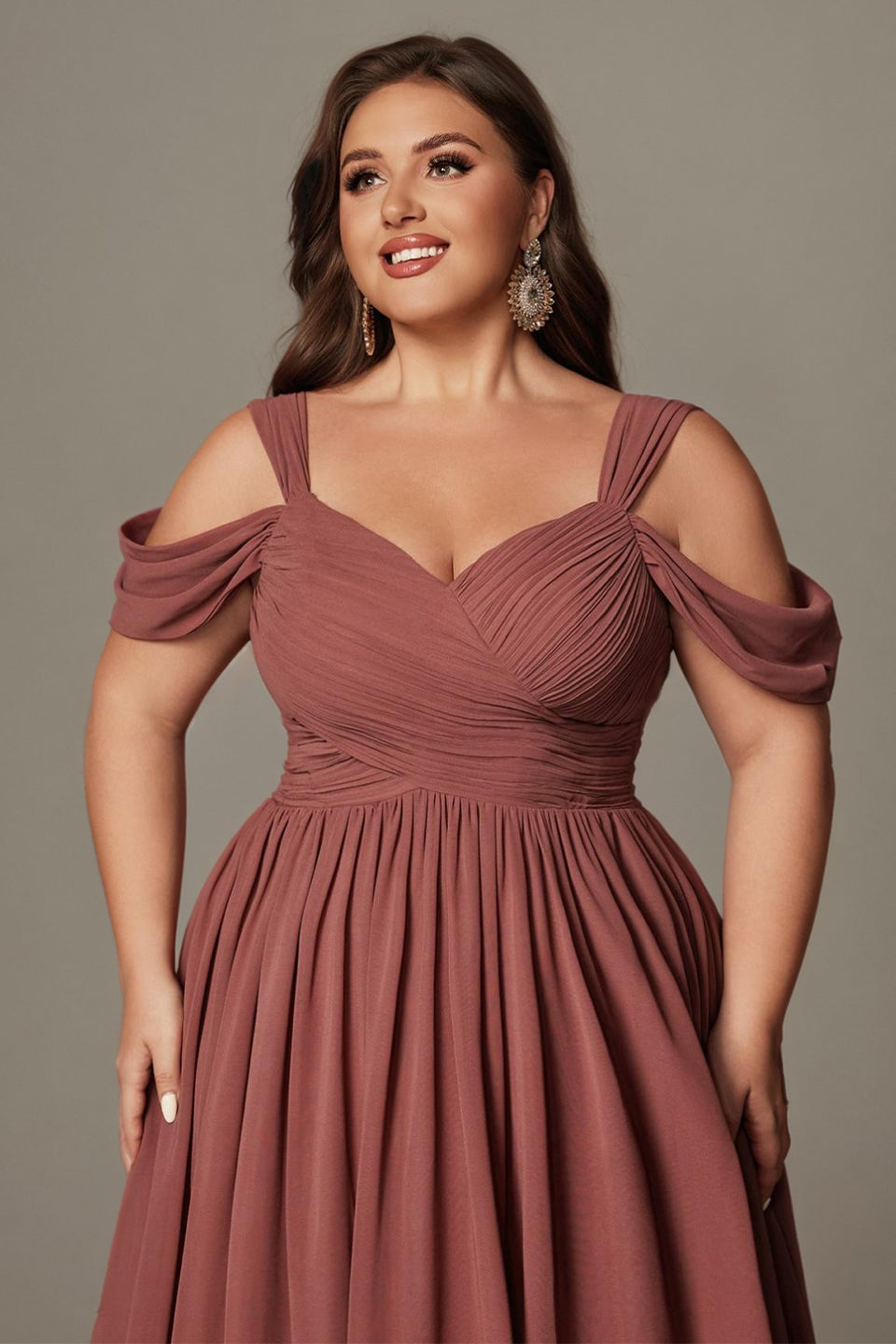 Curveins Plus Size Sleeveless V Neck Ruched Waist Flowing Elegant Maxi Dress