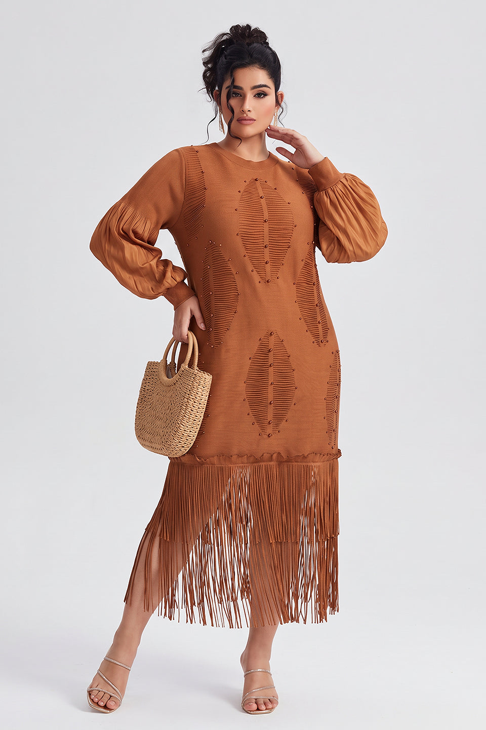 Curveins Plus Size Crew Neck Long Sleeve Stretch Fringe Hem Midi Dress
