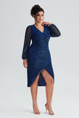 Curveins Plus Size Lantern Sleeve Wrap Sequin Mesh Dress