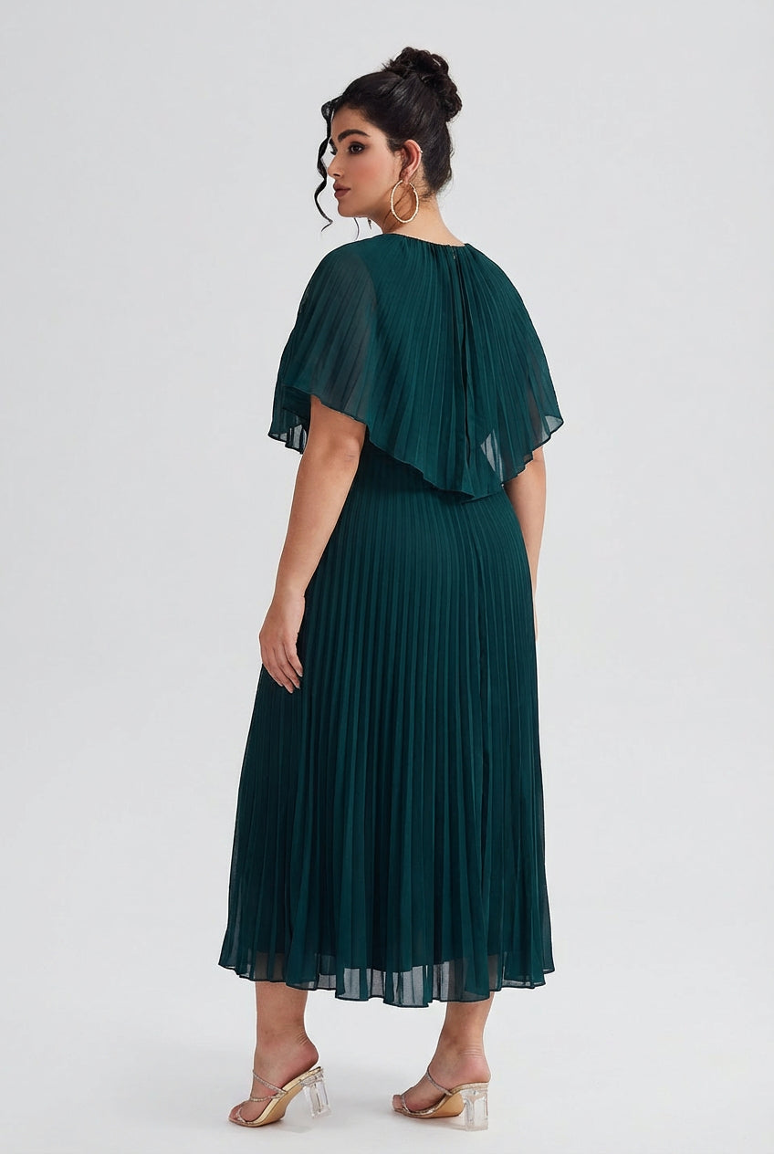 Curveins Plus Size Round Neck Short Cape Sleeve Elegant A-Line Maxi Dress