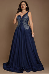 Curveins Plus Size V-Neck Sleeveless Waist-Defined Maxi Dress