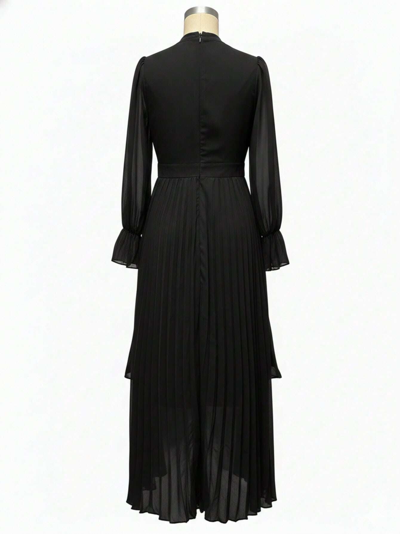 Curveins Plus Size Long Sleeve Ruffle Detail Pleated Asymmetrical Hem Midi Dress