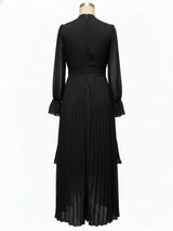 Curveins Plus Size Long Sleeve Ruffle Detail Pleated Asymmetrical Hem Midi Dress