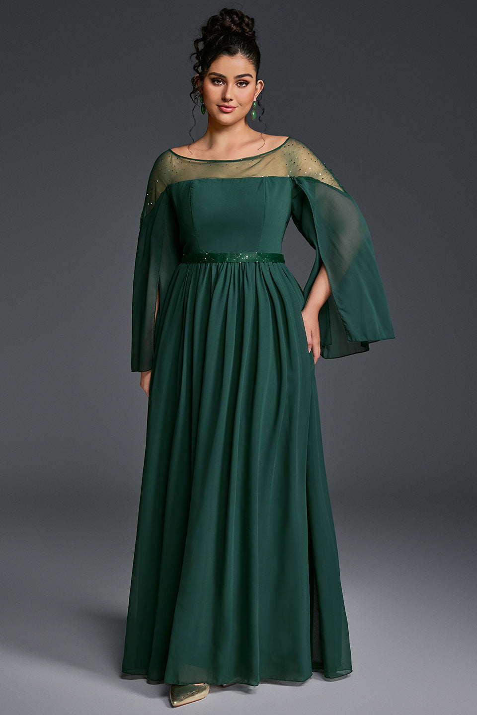 Curveins Plus Size Round Neck Long Sleeve Cinched Waist Maxi Dress