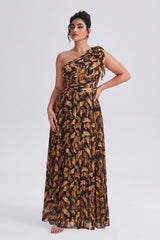 Curveins Plus Size One Shoulder Striped Cinched Waist Flowy Maxi Dress