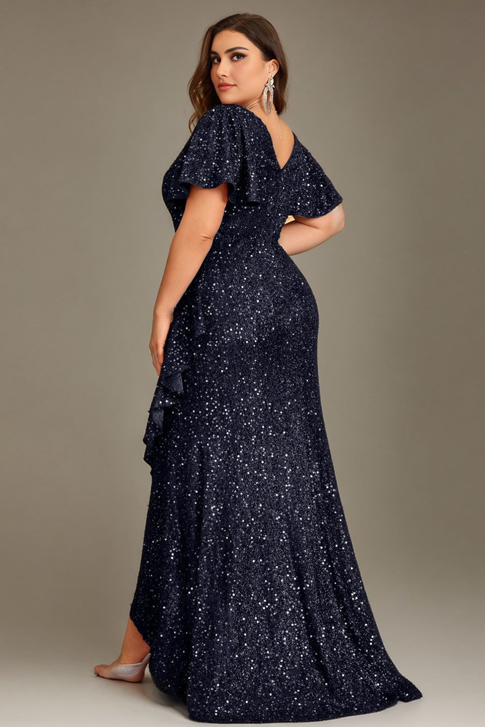 Curveins Plus Size V-Neck Short Sleeve Sequin Ruffle Slit Evening Gown