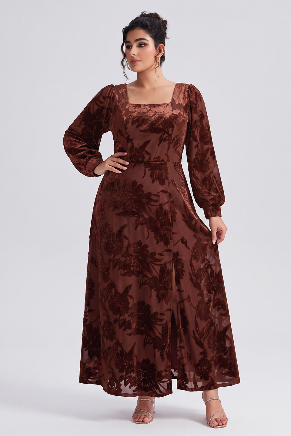Curveins Plus Size Elegant Square Neck Long Sleeve Floral Print Velvet Split Maxi Dress