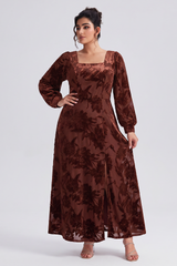 Curveins Plus Size Elegant Square Neck Long Sleeve Floral Print Velvet Split Maxi Dress