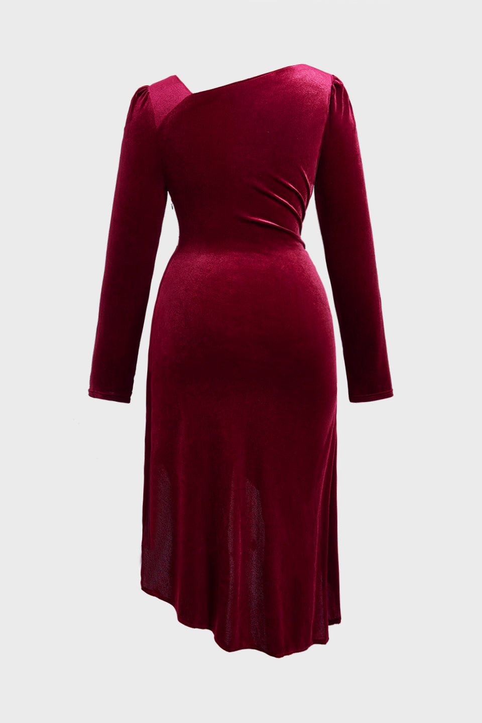 Curveins Plus Size Velvet Asymmetric One Shoulder Long Sleeve Ruched Slit Elegant Midi Dress