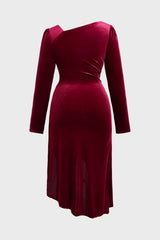Curveins Plus Size Velvet Asymmetric One Shoulder Long Sleeve Ruched Slit Elegant Midi Dress