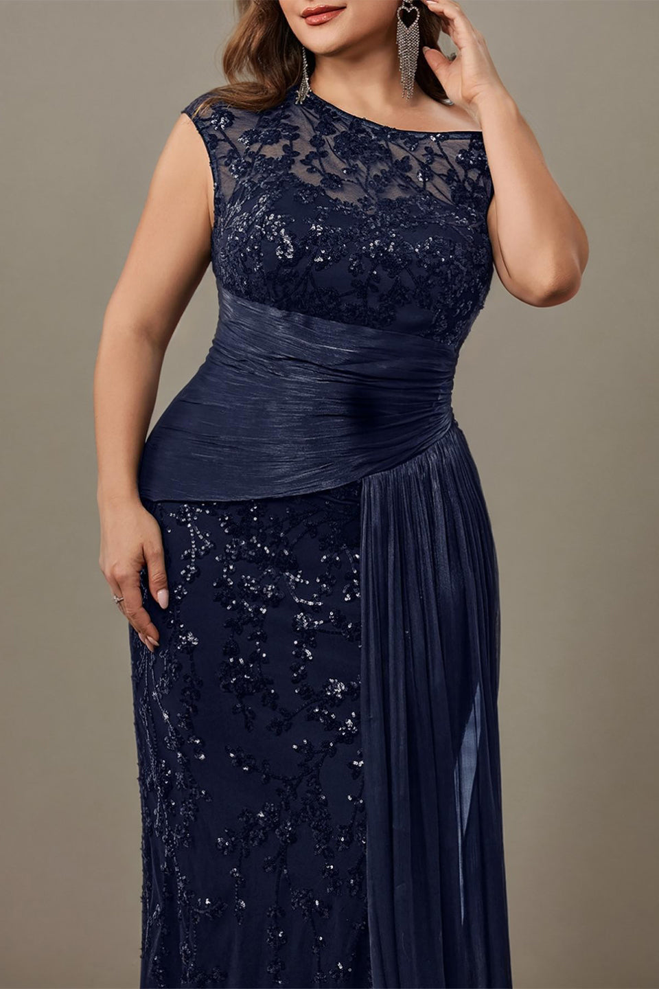 Curveins Plus Size One Shoulder Sleeveless Embroidered Sequin Patchwork Bodycon Maxi Dress