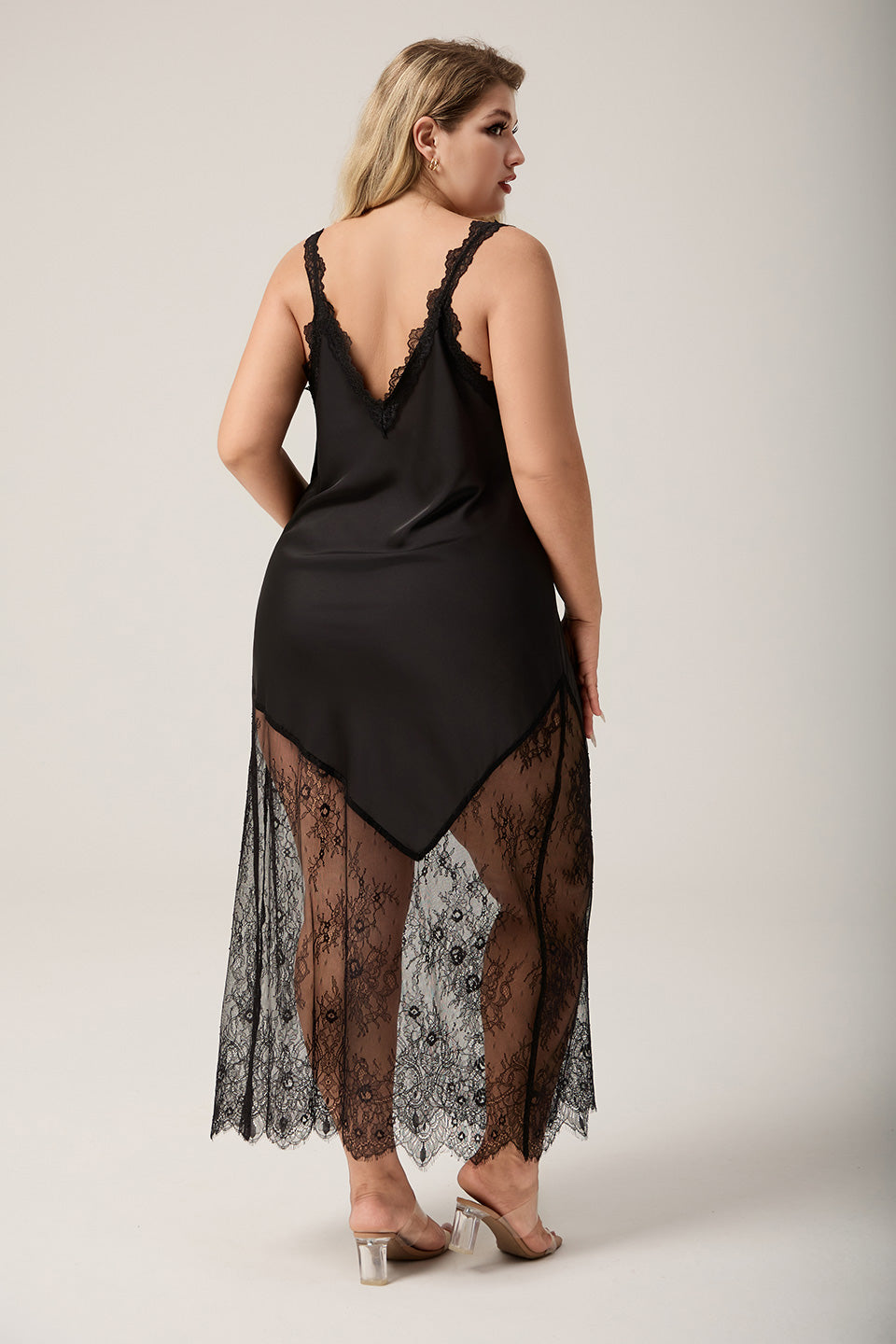 Curveins Plus Size Spaghetti Strap Sleep Dress with Lace Edged Irregular Hem, Stylish Lounge Wear