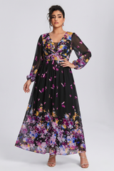 Curveins Plus Size V Neck Floral Long Sleeve Flowy Elegant Casual Maxi Dress