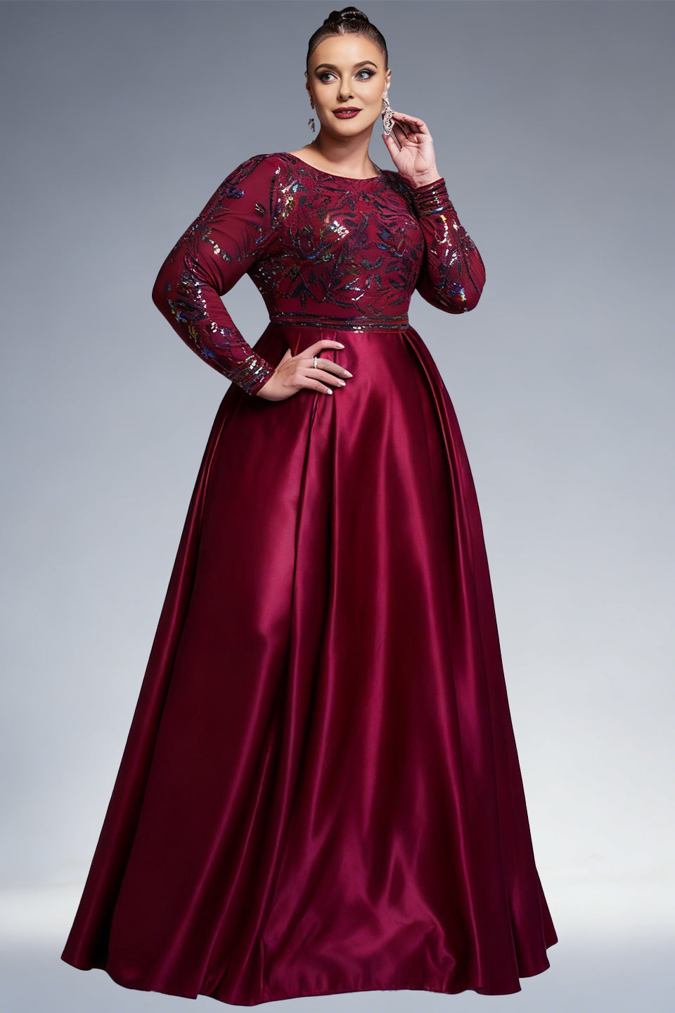 Curveins Plus Size Long Sleeve Round Neck Sparkling Sequin Patch Maxi Dress