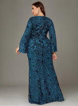 Curveins Plus Size V-Neck Long Sleeves Sequin Floral Bodycon Maxi Dress