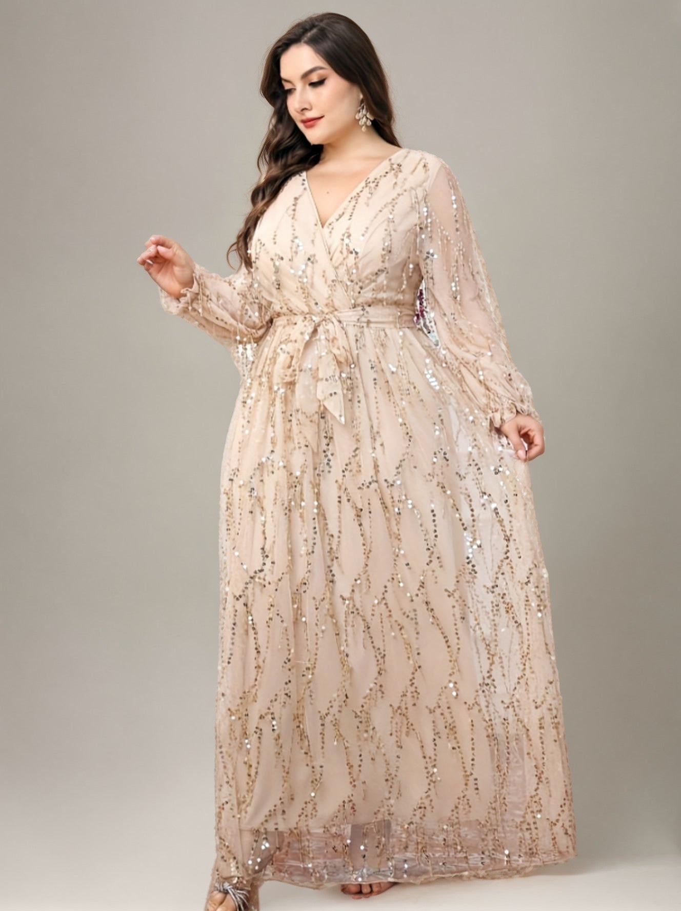 Curveins Plus Size V-Neck Sequin Tassel High-Waist Maxi Dress