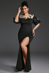 Curveins Plus Size Patchwork Round Neck Puff Sleeve Slit Bodycon Maxi Dress