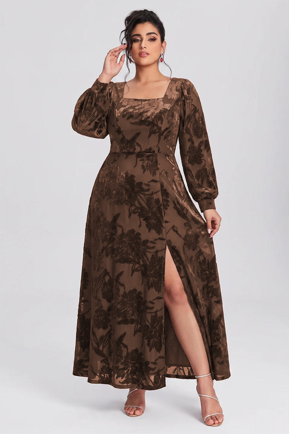 Curveins Plus Size Elegant Square Neck Long Sleeve Floral Print Velvet Split Maxi Dress