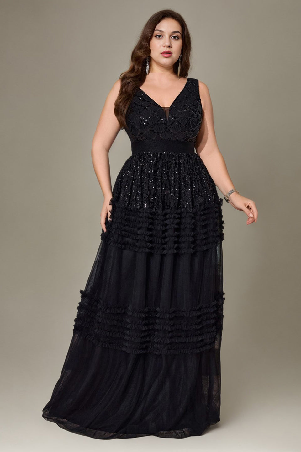 Curveins Plus Size V Neck Sleeveless Ruched Waist Elegant Flowy Maxi Dress