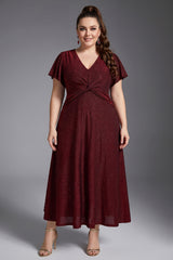 Curveins Plus Size V Neck Short Sleeve Ruched Sparkling Flared Midi Dress