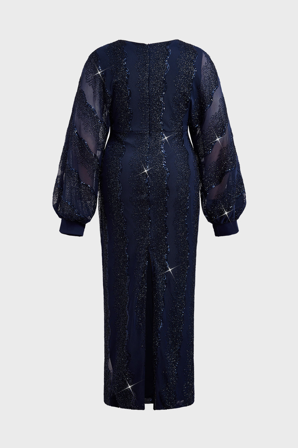 Curveins Plus Size V-Neck Sequin Balloon Sleeve Back-Slit Elegant Evening Maxi Dress