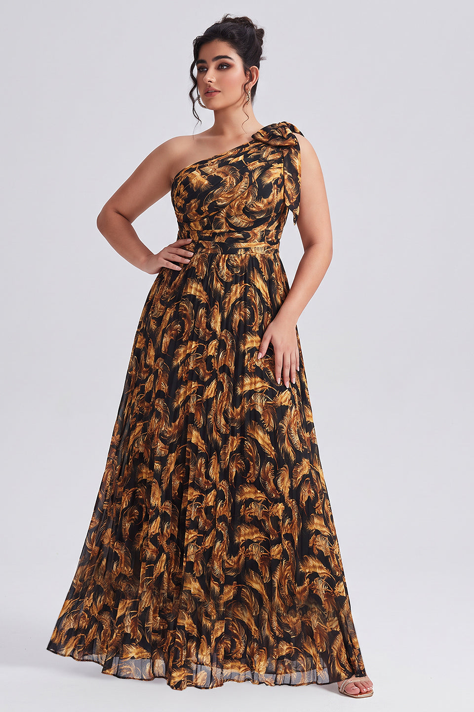 Curveins Plus Size One Shoulder Striped Cinched Waist Flowy Maxi Dress