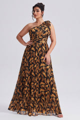 Curveins Plus Size One Shoulder Striped Cinched Waist Flowy Maxi Dress