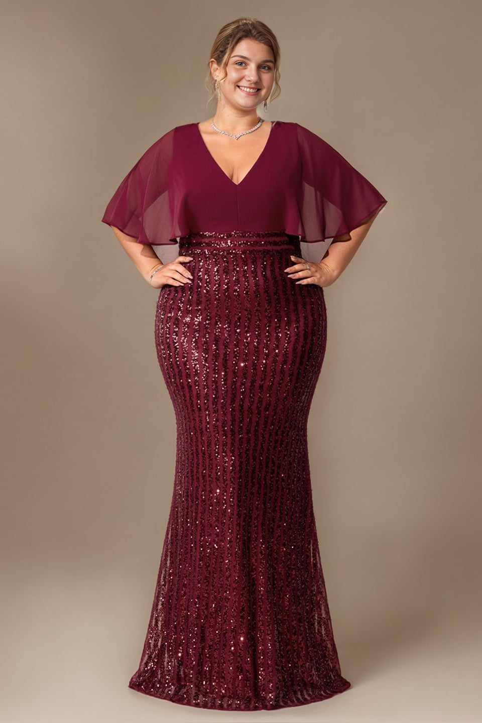 Curveins Elegant Plus Size V-Neck Cape Sleeve Sequin Bodycon Maxi Dress