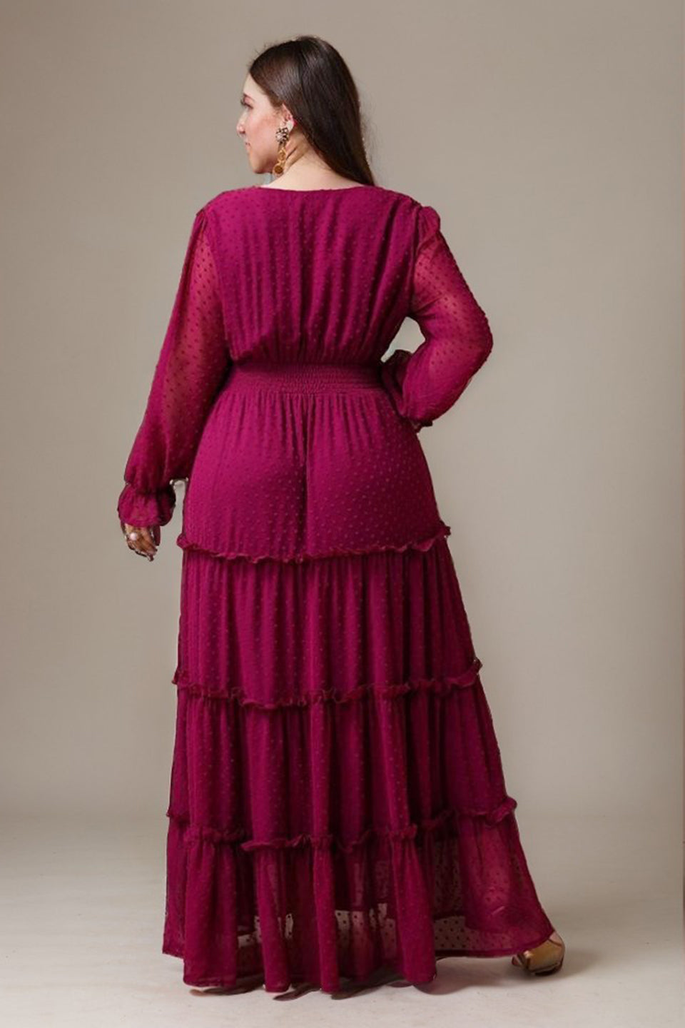 Curveins Elegant Plus Size V-Neck Lantern Sleeve Tiered Maxi Dress