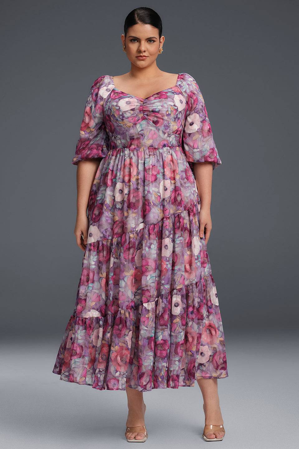 Curveins Plus Size V-Neck Flower Print Pleated Maxi Dress