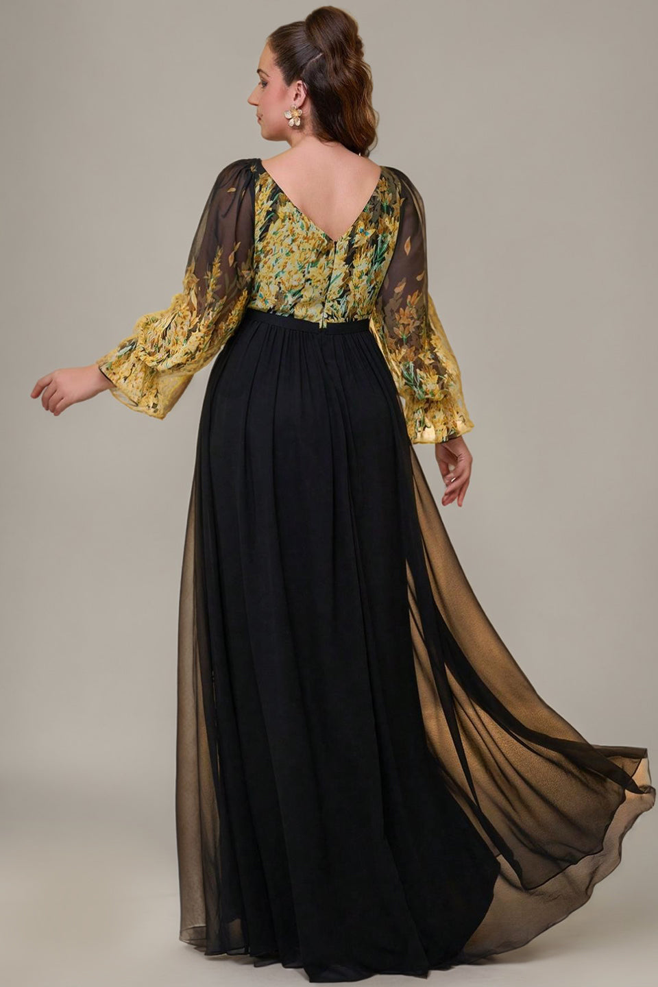 Curveins Plus Size V-Neck Floral Patchwork Maxi Dress with Flattering Flare Sleeves